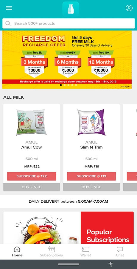 Milk, Water & Vegetable Subscription Android App | Wallet based Model like Milkbasket